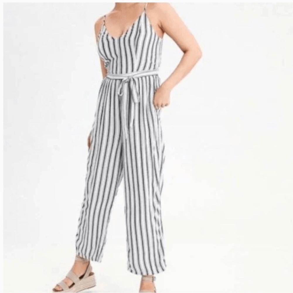 American Eagle Outfitters Striped White and Black Sleeveless Jumpsuit